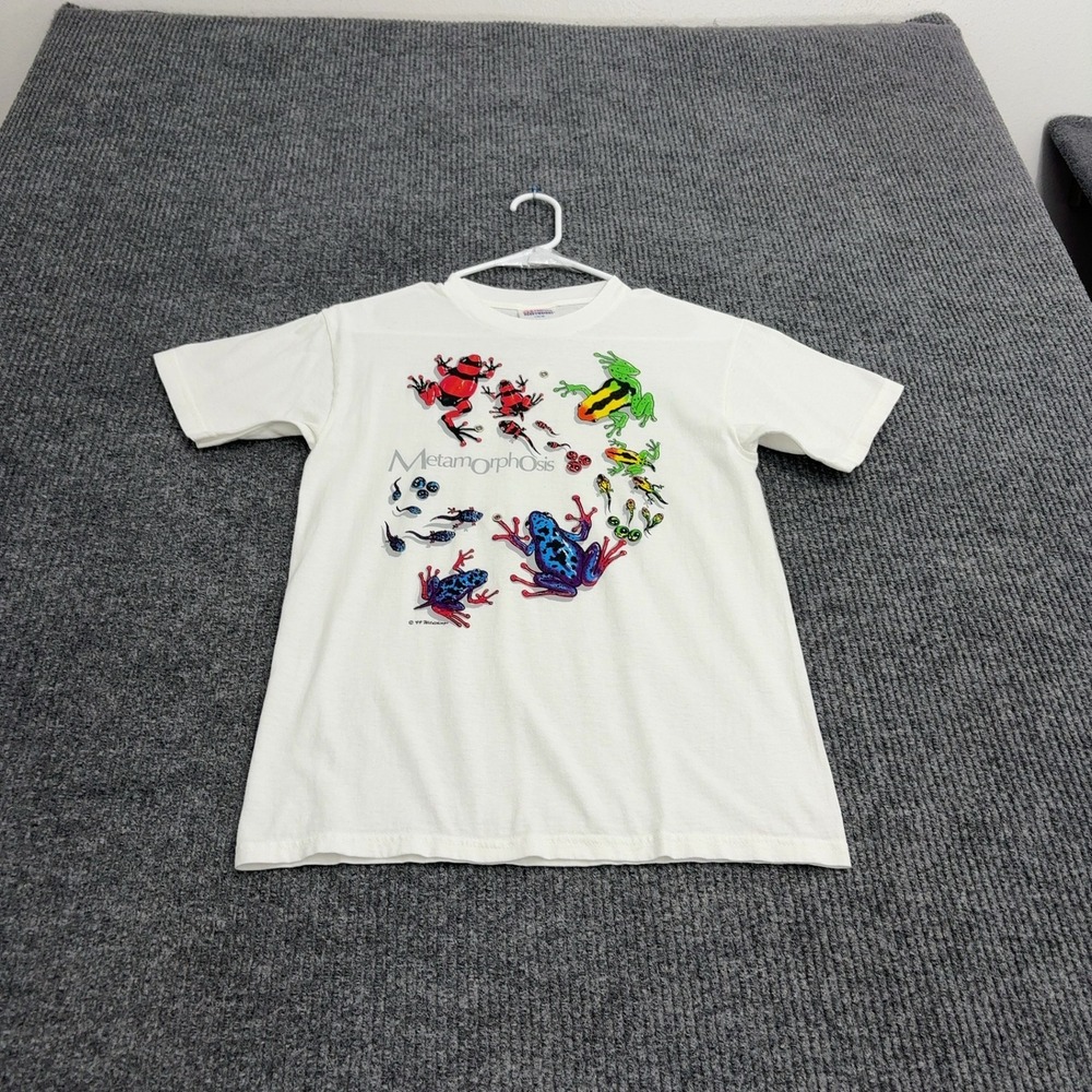 Vintage Hanes T-Shirt Kids L White Cotton Metamorphosis Frog Graphic 90s Nature